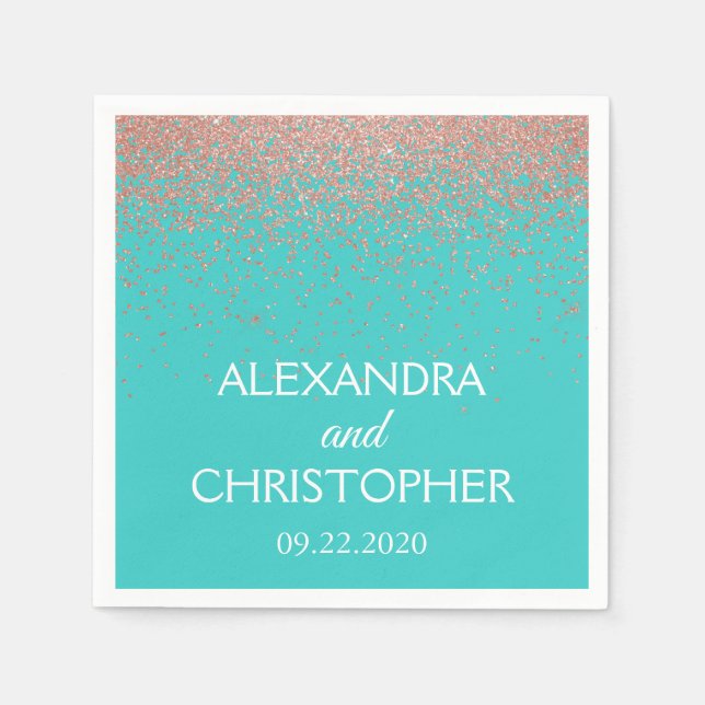 Elegant Teal & Rose Gold Glitter Confetti Wedding Napkins (Front)