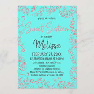 Elegant Teal Rose Gold Glitter Floral Sweet 16 Invitation