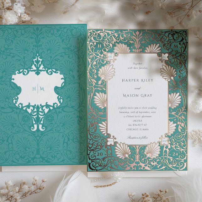 Elegant Teal Rose Gold Wedding Foil Invitation (Creator Uploaded)