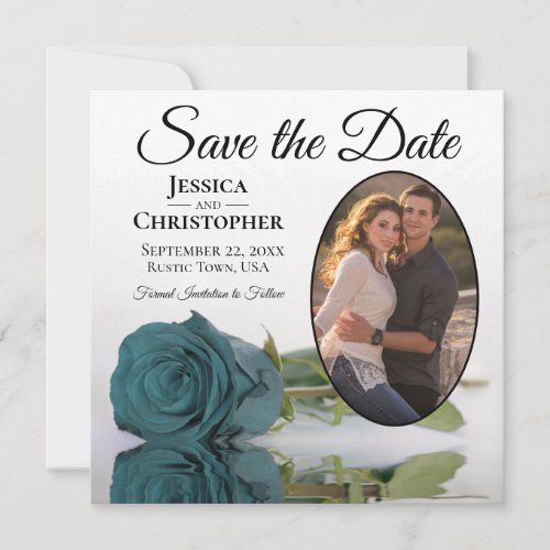 Elegant Teal Rose on White with Oval Photo Wedding Save The Date