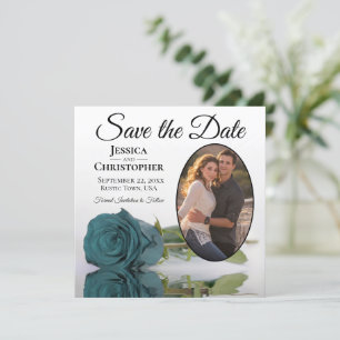 Elegant Teal Rose on White with Oval Photo Wedding Save The Date