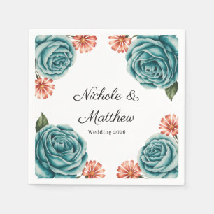 Elegant Teal Rose & Orange Daisey Wedding Napkins