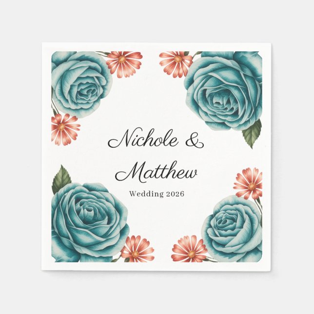 Elegant Teal Rose & Orange Daisey Wedding Napkins (Front)