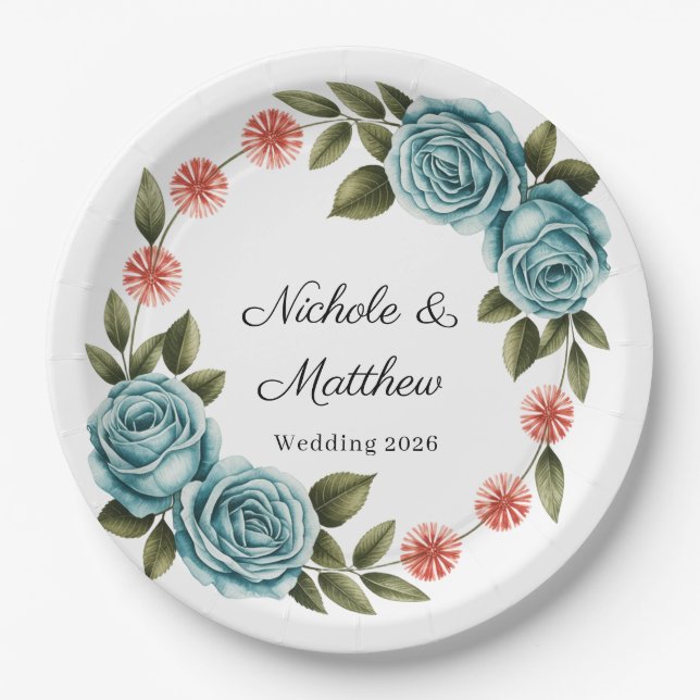 Elegant Teal Rose & Orange Daisey Wedding Paper Plates (Front)