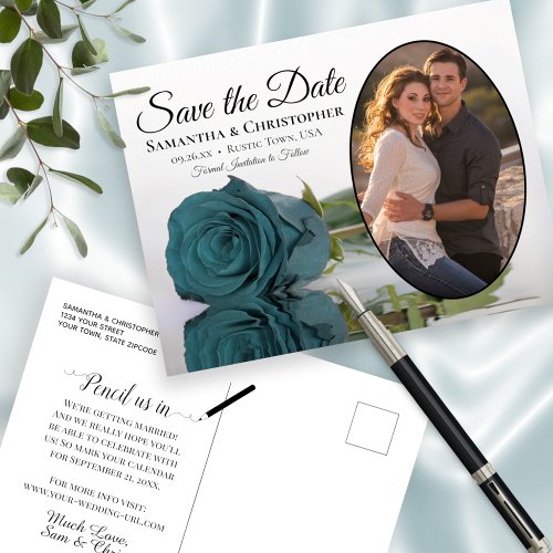 Elegant Teal Rose Oval Photo Wedding Save The Date Announcement Postcard