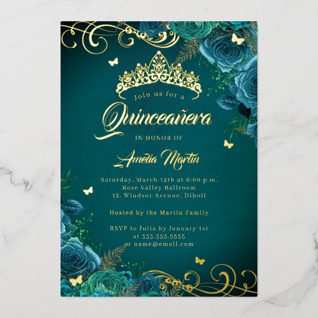 Elegant Teal Rose Swirl Gold Quinceanera   Foil Invitation (Front)