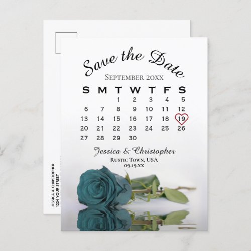Elegant Teal Rose Wedding Calendar Save the Date Announcement Postcard