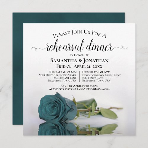 Elegant Teal Rose Wedding Rehearsal  Dinner Invitation