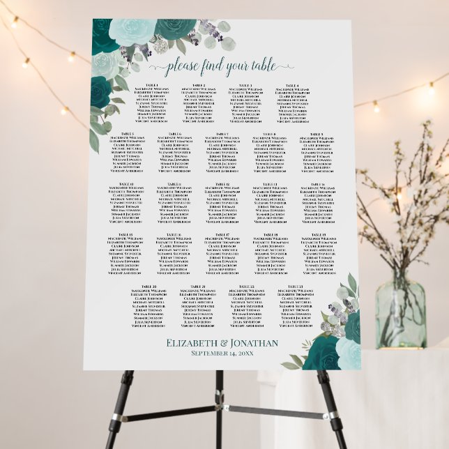 Elegant Teal Roses 23 Table Wedding Seating Chart Foam Board (In Situ (Stand))