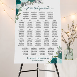 Elegant Teal Roses 23 Table Wedding Seating Chart Foam Board