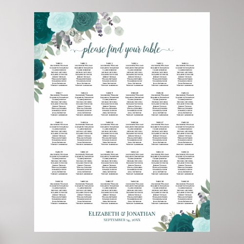 Elegant Teal Roses 30 Table Wedding Seating Chart