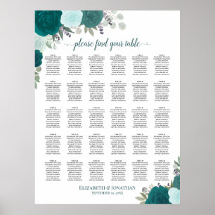 Elegant Teal Roses 30 Table Wedding Seating Chart