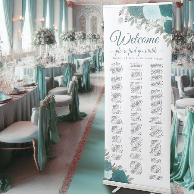 Elegant Teal Roses Alphabetical Seating Chart Retractable Banner (Creator Uploaded)