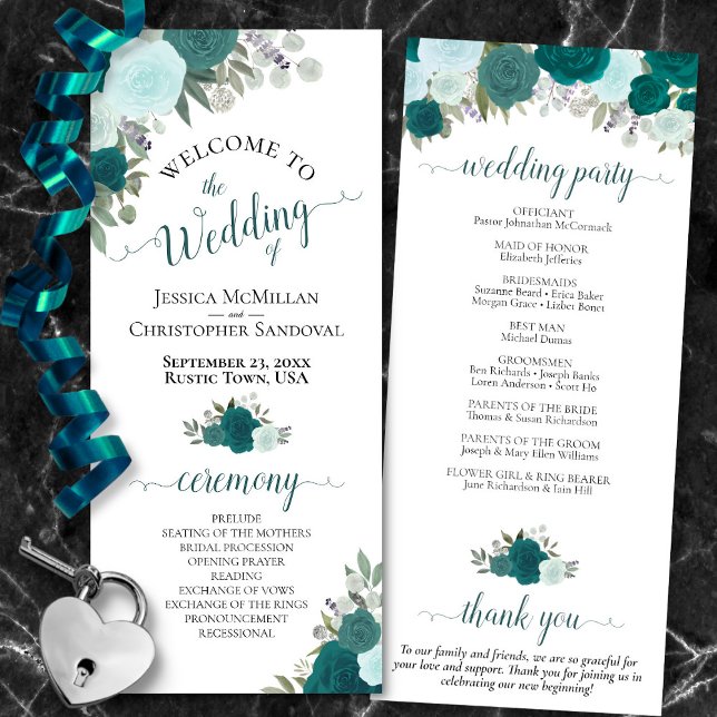 Elegant Teal Roses Boho Watercolor Floral Wedding Program (Frong/Back)