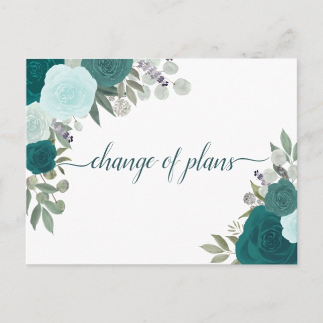 Elegant Teal Roses Change of Wedding Plans Announcement Postcard (Front)