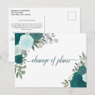 Elegant Teal Roses Change of Wedding Plans Announcement Postcard
