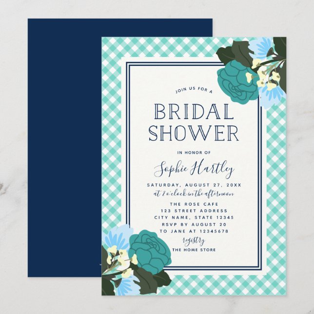 Elegant Teal Roses Floral Bridal Shower Invitation (Front/Back)