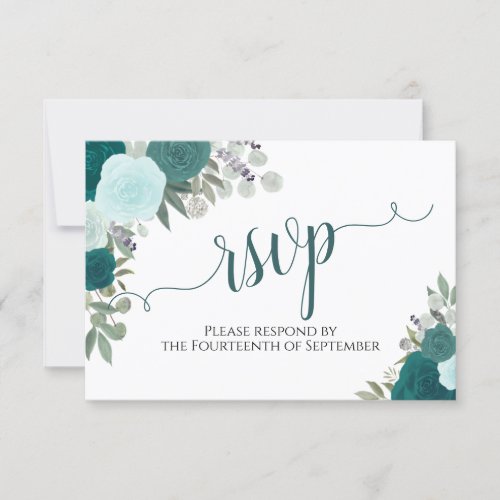 Elegant Teal Roses Floral Calligraphy Wedding RSVP Card