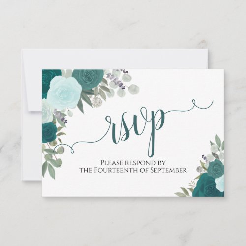 Elegant Teal Roses Floral Calligraphy Wedding RSVP Card