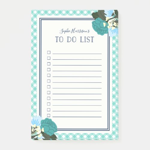 Elegant Teal Roses Floral Gingham To Do List Post_it Notes