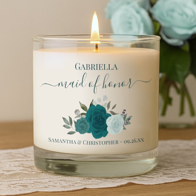 Elegant Teal Roses Maid of Honor Wedding Gift Scented Candle (Creator Uploaded)