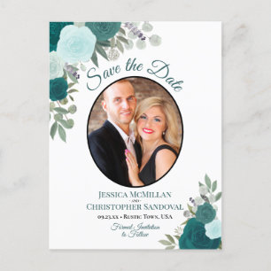 Elegant Teal Roses & Photo Wedding Save the Date Announcement Postcard