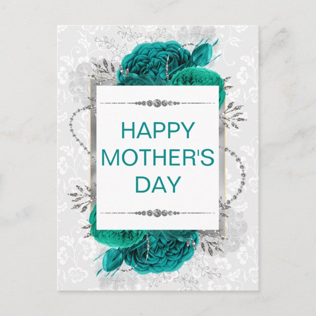 Elegant Teal Roses & Silver Glitter Mother's Day Postcard (Front)