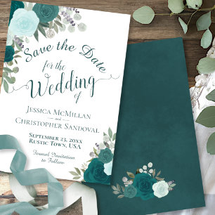 Elegant Teal Roses Watercolor Floral Boho Wedding Save The Date