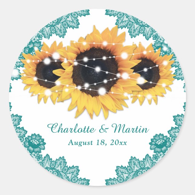 Elegant Teal Rustic Chic Sunflower Wedding Classic Round Sticker (Front)