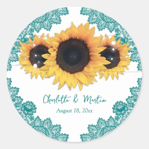 Elegant Teal Rustic Chic Sunflower Wedding Classic Round Sticker