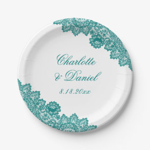 Elegant Teal Rustic Floral Lace Wedding Paper Plates