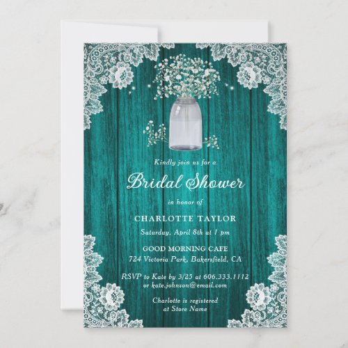 Elegant Teal Rustic Wood Floral Bridal Shower Invitation