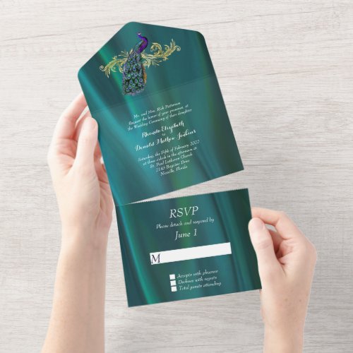 Elegant Teal Satin and Peacock All In One Invitation