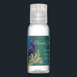 Elegant Teal Satin and Peacock Hand Sanitizer<br><div class="desc">Elegant hand sanitizer wedding favor,  with a label done in a teal satin look,  with graphics of a golden flourish and colorful peacock decoration.  Personalize all the text to suit your event needs.  Matching wedding products are available.</div>