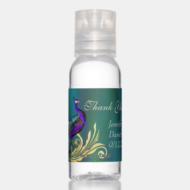 Elegant Teal Satin and Peacock Hand Sanitizer (Front)