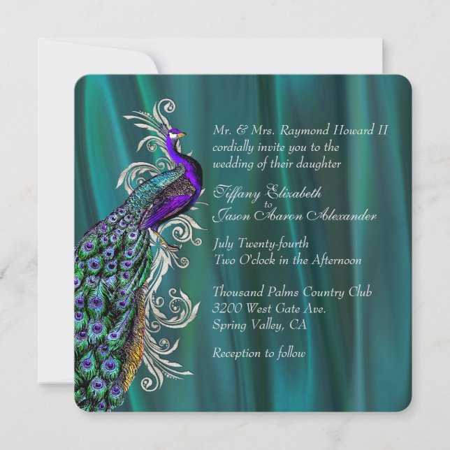 Elegant Teal Satin and Peacock Wedding Invitation (Front)
