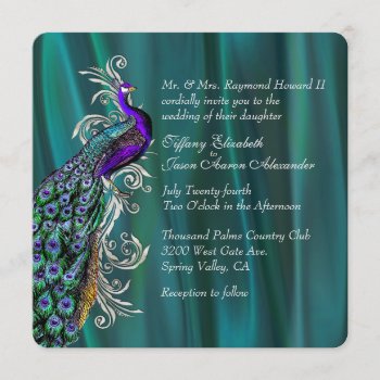 Elegant Teal Satin And Peacock Wedding Invitation by Myweddingday at Zazzle