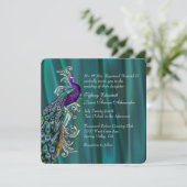 Elegant Teal Satin and Peacock Wedding Invitation (Standing Front)