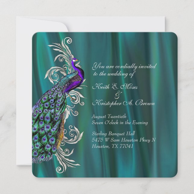 Elegant Teal Satin and Peacock Wedding Invitation (Front)