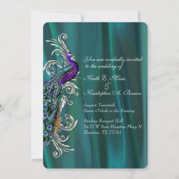 Elegant Teal Satin And Peacock Wedding Invitation by Myweddingday at Zazzle