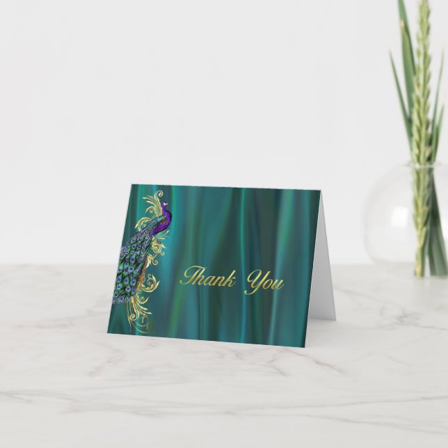 Elegant Teal Satin and Peacock Wedding Thank You Card (Front)