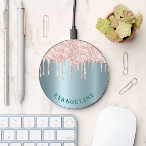 Elegant Teal Satin With Pink Rose Glitter Drips Wireless Charger