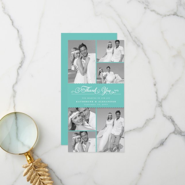 Elegant Teal Scalloped Band 6 Photo Chic Wedding Thank You Card (Front/Back In Situ)