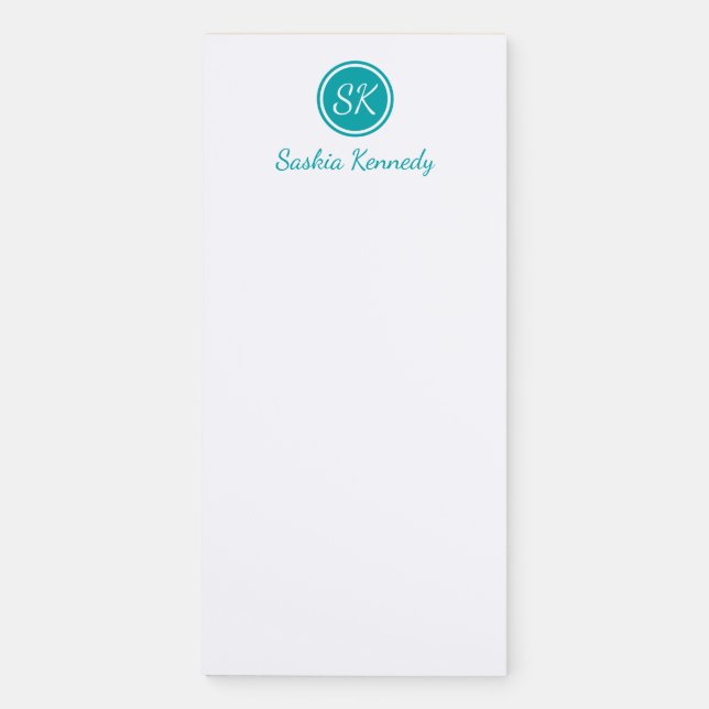 Elegant Teal Script Monogram Name Magnetic Notepad (Front)
