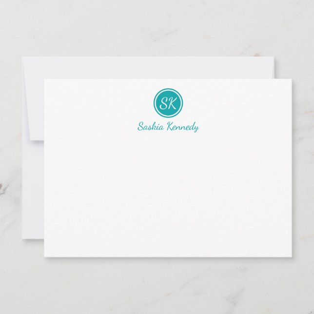 Elegant Teal Script Monogram Professional Note Card (Front)