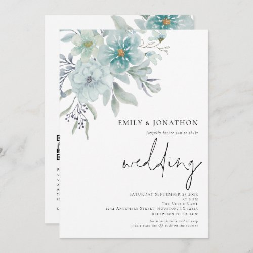 Elegant Teal Sea Mist Florals QR Code Wedding Invitation