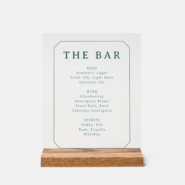 Elegant Teal Serif Bar Menu Acrylic Sign (Front)