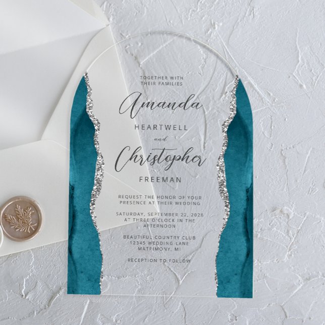 Elegant Teal Silver Agate Script Arch Wedding Acrylic Invitations (Creator Uploaded)