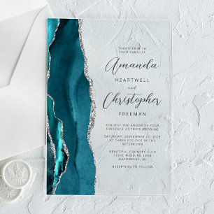 Elegant Teal Silver Agate Script Wedding Acrylic Invitations