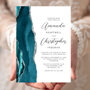 Elegant Teal Silver Agate Script Wedding Invitation